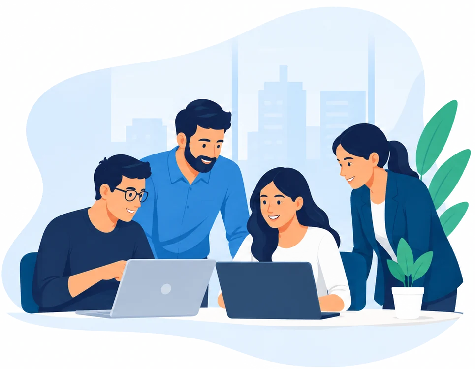 A team of IT professionals collaborating around laptops