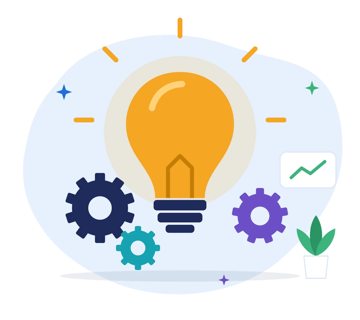 Illustration of a lightbulb with gears and a rising chart