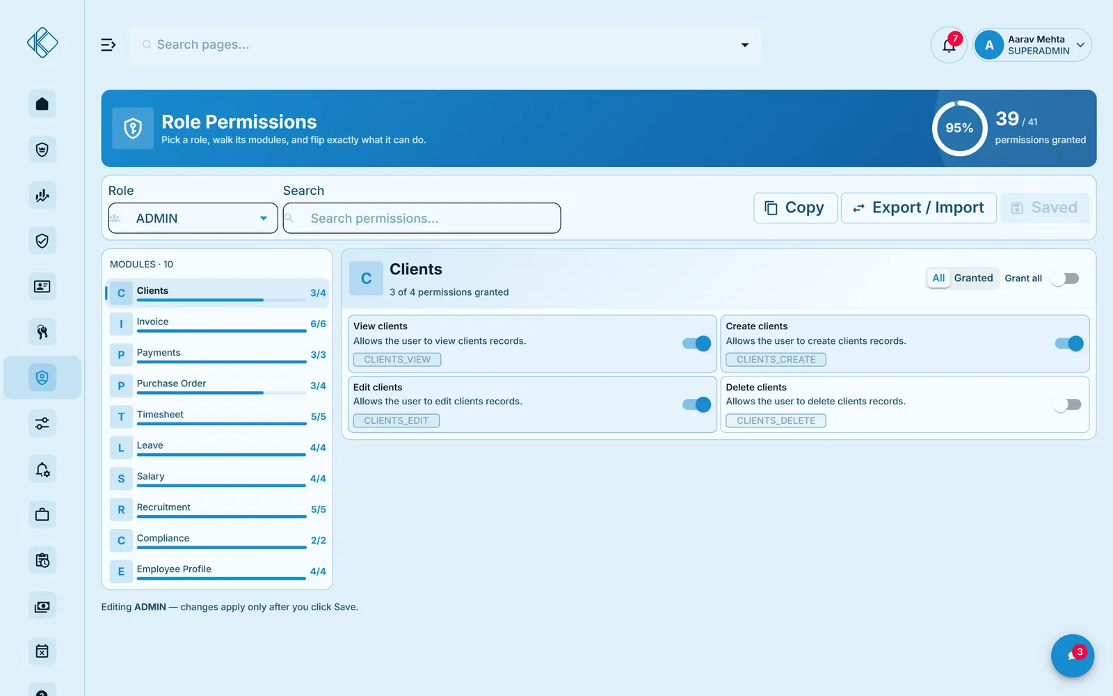 KpatOne role permissions screen
