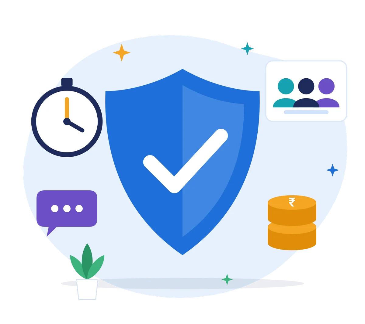 Illustration of a shield with a tick, a stopwatch and a team card